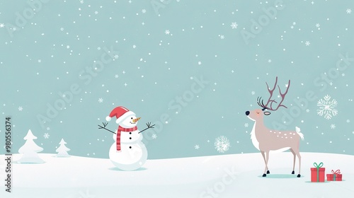 A minimalist background showcases Santa's elk and a snowman. The elk stands with grace, its antlers reaching upwards. The snowman is crafted with care, with a carrot nose and coal eyes