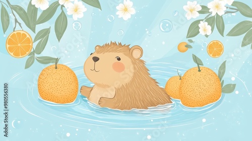 Capybara in Japanese Onsen hot spring with orange,Cute Capybara vector design,Capybara floating in the waterwith a tangerine,Cute capybara bathes in a pond,illustration. photo