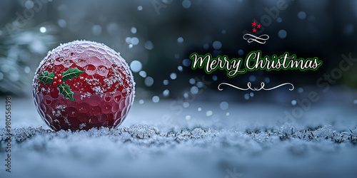 A red Christmas-themed golf ball, which looks like a snowball with holly leaves on it. Snow gently falling in the background adds to the cozy winter holiday scene 