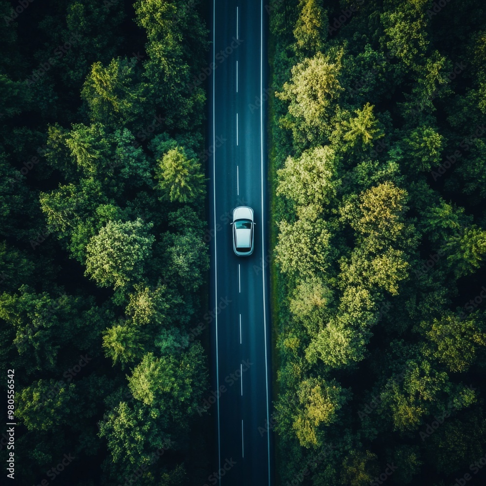 Car driving through a road surrounded by dense green forest. Photography with drone on a summer day