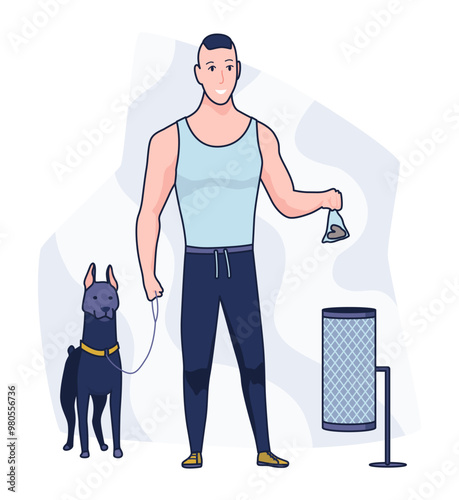 Cleaning after dog. Pet owner picking up pet waste during walk in public park. Animal responsibility of trash clean rules concept. Linear vector illustration