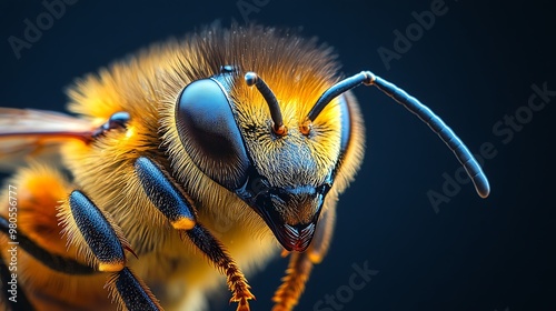 Close-up of a honey bee with a dark blue background.