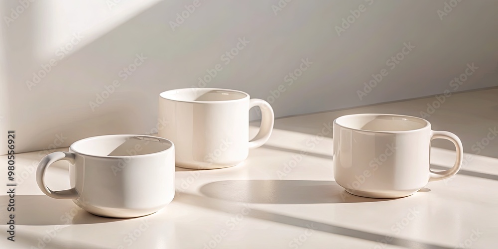 Three white mugs casting soft shadows in bright sunlight. Three white mugs casting soft shadows in bright sunlight.