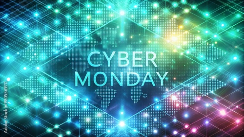 Cyber Monday promotional background with luminous text and digital map design elements in vibrant colors 