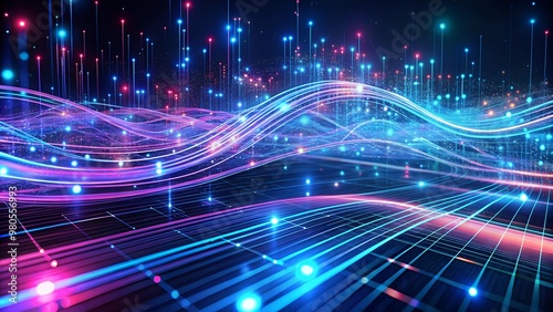 Abstract digital background with flowing waves and glowing dots in vibrant colors and futuristic design