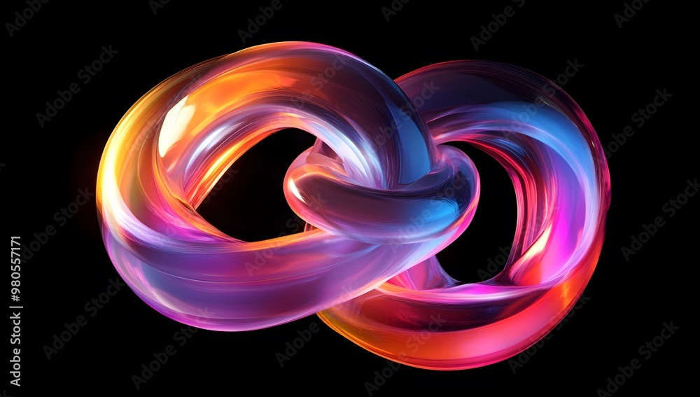 Abstract fluid 3D render, a colorful iridescent gradient in the shape of two intertwined rings on a black background. Abstract fluid 3D render, a colorful iridescent gradient in the shape of two intertwined rings on a black background.