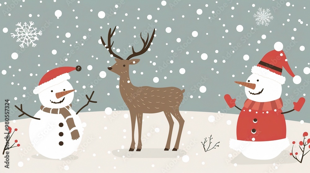 A minimalist background showcases Santa's elk and a snowman. The elk stands with grace, its antlers reaching upwards. The snowman is crafted with care, with a carrot nose and coal eyes A minimalist background showcases Santa's elk and a snowman. The elk stands with grace, its antlers reaching upwards. The snowman is crafted with care, with a carrot nose and coal eyes