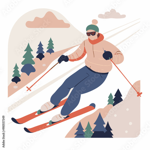 Man skiing downhill in winter mood with mountain and trees in background
