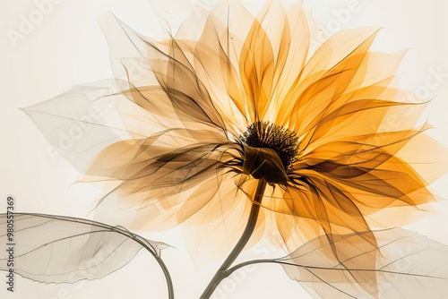Aesthetic botanical x-ray of sunflower. yellow, white and grey colors