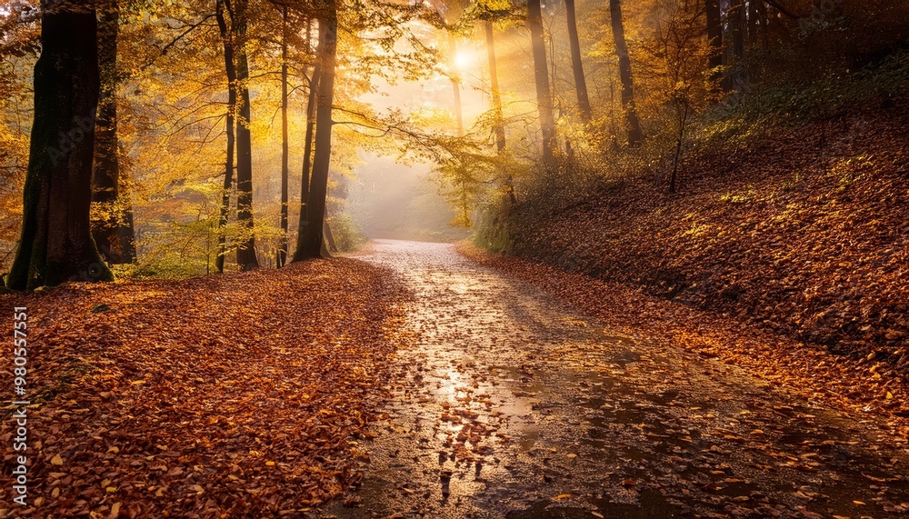 The sun is brightly shining through the lush green trees that line a lovely path in the woods, which is covered in colorful leaves The sun is brightly shining through the lush green trees that line a lovely path in the woods, which is covered in colorful leaves