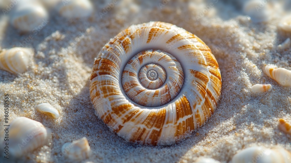 Close-up of spiral seashells forming a precise circular mandala on a sunlit beach, the textures of sand and shell highlighted in fine detail Close-up of spiral seashells forming a precise circular mandala on a sunlit beach, the textures of sand and shell highlighted in fine detail