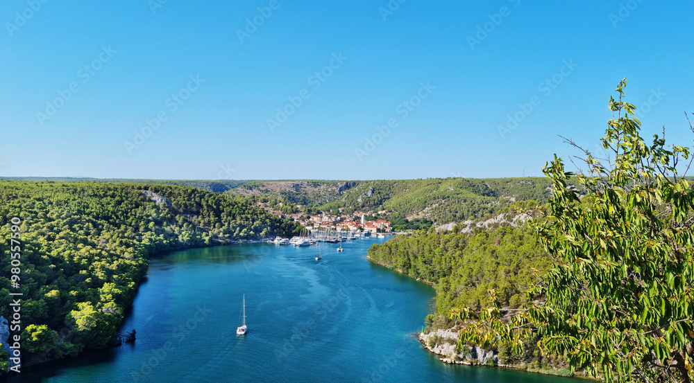 Fototapeta premium View of Skradin from the southern shore of the Krka River in Croatia