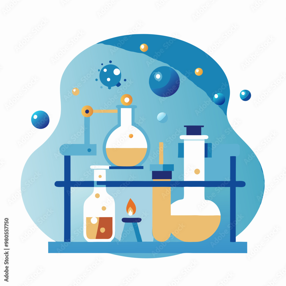 Laboratory instruments with various liquids on shelf in blue and turquoise colors depicting scientific experiment Laboratory instruments with various liquids on shelf in blue and turquoise colors depicting scientific experiment