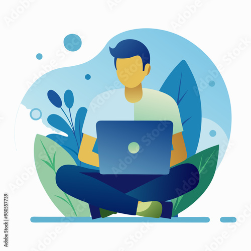 Young man working on laptop in serene outdoor setting surrounded by plants and green tones