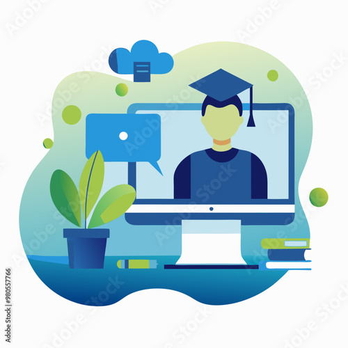 Student in graduation cap participating in online learning at computer with green and blue tones