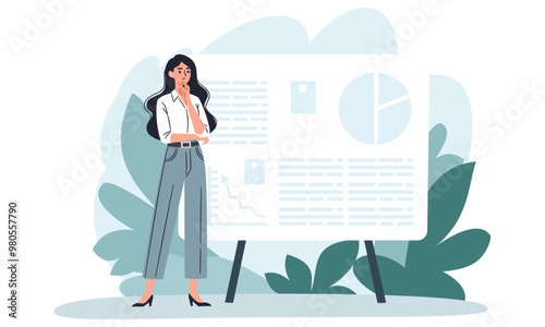 Flat vector illustration. A woman stands in a pensive pose, thinking in front of a large banner, giving a presentation. Presentation and banner for a web site. Vector illustration