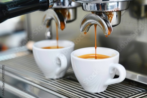 Espresso machine brewing two cups of coffee.