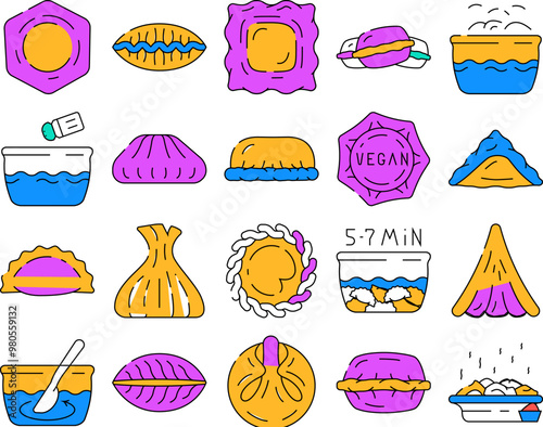 Dumpling Delicious Meal Recipe Icons Set Vector. Dumpling Food With Meat And Vegetable Ingredient, Cooking And Bowling, Kreplach And Modak, Tortellini And Khinkali Dish color Contour Illustrations photo