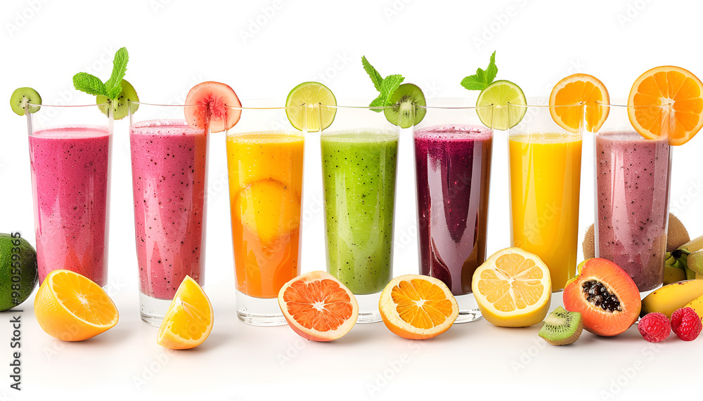 Nine tastes of smoothie in glass with fruit isolated on white background Nine tastes of smoothie in glass with fruit isolated on white background