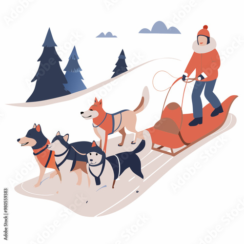 Person driving dog sled in snowy landscape with joyful mood and pine trees