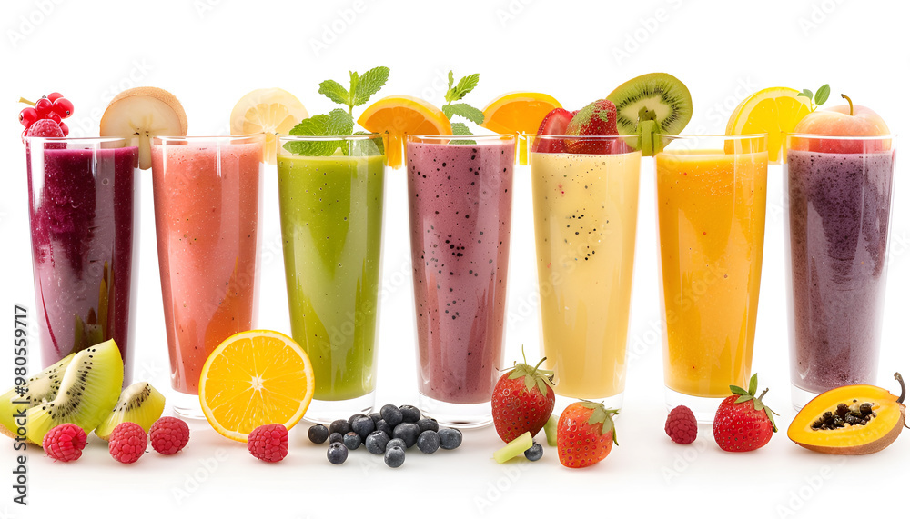 Nine tastes of smoothie in glass with fruit isolated on white background Nine tastes of smoothie in glass with fruit isolated on white background