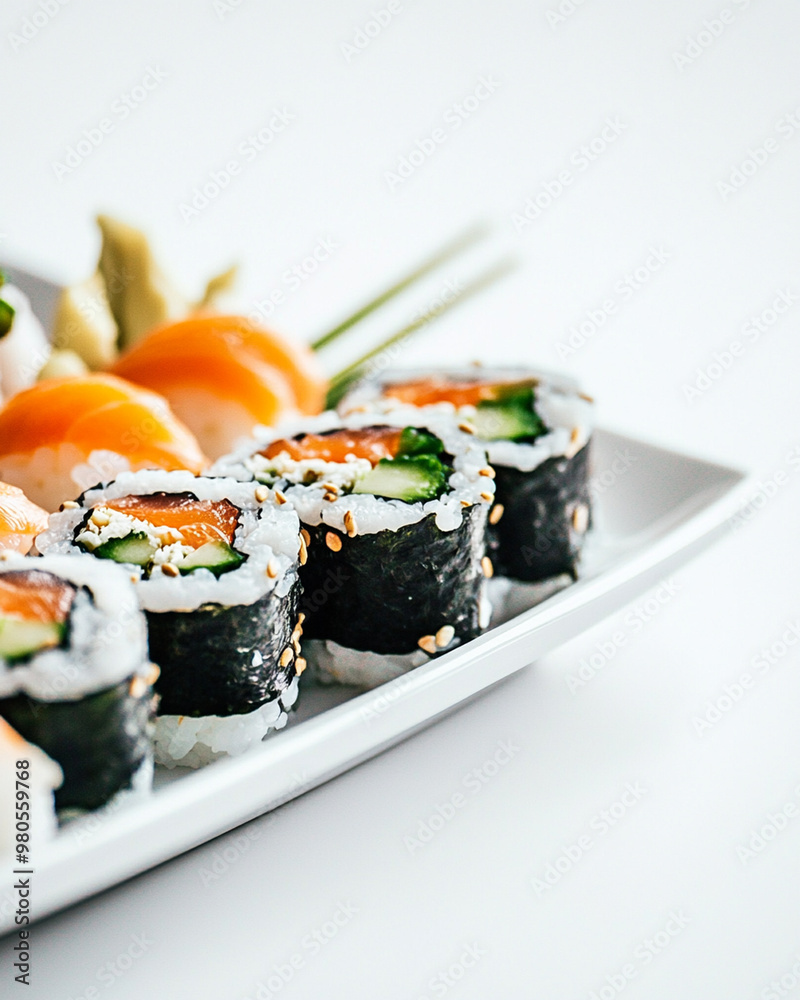 Fresh sushi rolls on a white plate, clean white background, vibrant colors, appetizing and fresh. Fresh sushi rolls on a white plate, clean white background, vibrant colors, appetizing and fresh.