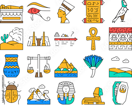 Egypt Civilization Landscape Icons Set Vector. Nefertiti Egypt Queen And Pharaoh Sarcophagus, Antique Vase And Ankh Ancient Decoration, Sahara Desert And Nile River color Contour Illustrations