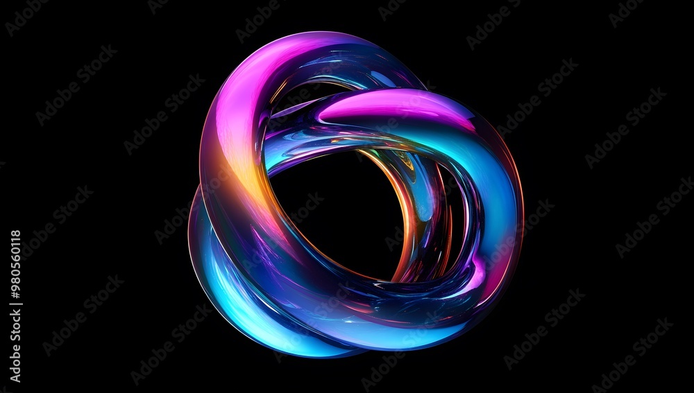 Abstract fluid 3D render, a colorful iridescent gradient in the shape of two intertwined rings on a black background. Abstract fluid 3D render, a colorful iridescent gradient in the shape of two intertwined rings on a black background.