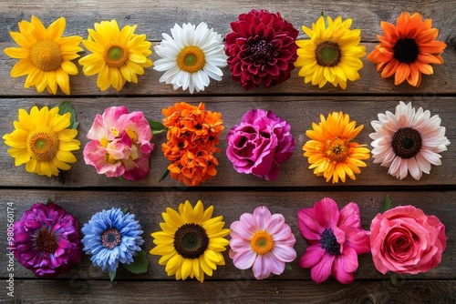 A top down view of a collection of vivid flowers like sunflowers, daisies, and roses, arranged symmetrically on a wooden table.