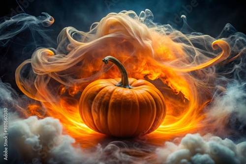 Swirling orange clouds, wispy tendrils, and veined contours entangle to form a dreamlike pumpkin shape, emitting an ethereal glow and nebulous whispers. photo