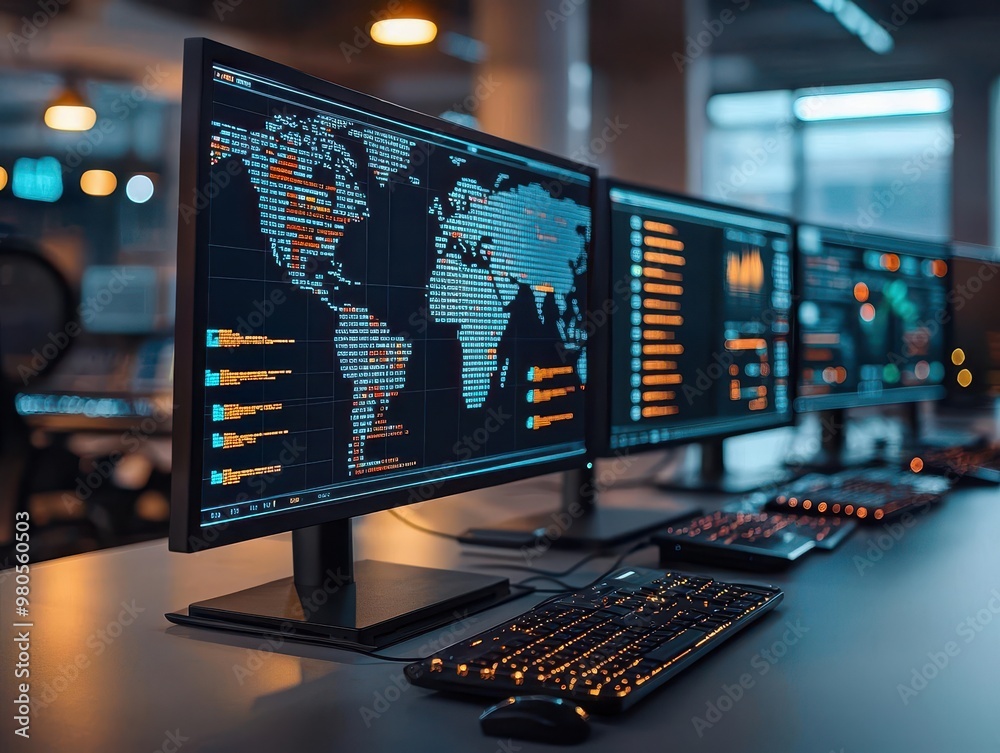 Multiple monitors displaying world maps with financial data ...