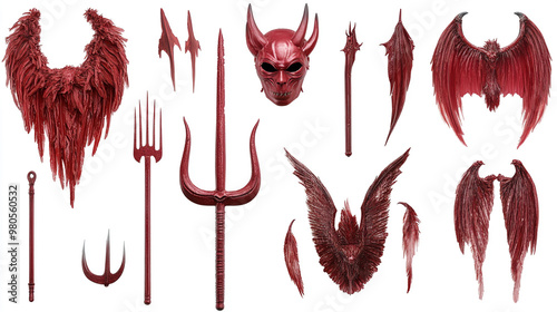Mysterious red demonic accessories displayed against a white background for creative projects