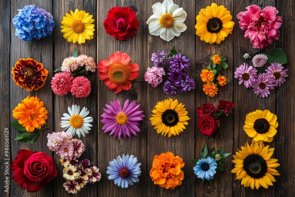 A top down view of a collection of vivid flowers like sunflowers, daisies, and roses, arranged symmetrically on a wooden table. A top down view of a collection of vivid flowers like sunflowers, daisies, and roses, arranged symmetrically on a wooden table.