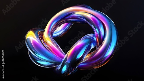 Abstract fluid 3D render, a colorful iridescent gradient in the shape of two intertwined rings on a black background. 