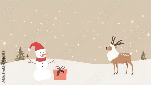 A minimalist background showcases Santa's elk and a snowman. The elk stands with grace, its antlers reaching upwards. The snowman is crafted with care, with a carrot nose and coal eyes