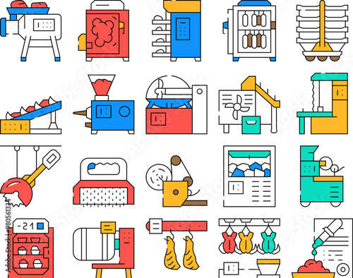 Meat Factory Production Equipment Icons Set Vector. Smoking And Baking Chamber For Preparing Meat, Grinder And Carcass Conveyor Plant Tool, Circula And Band Saws color Contour Illustrations
