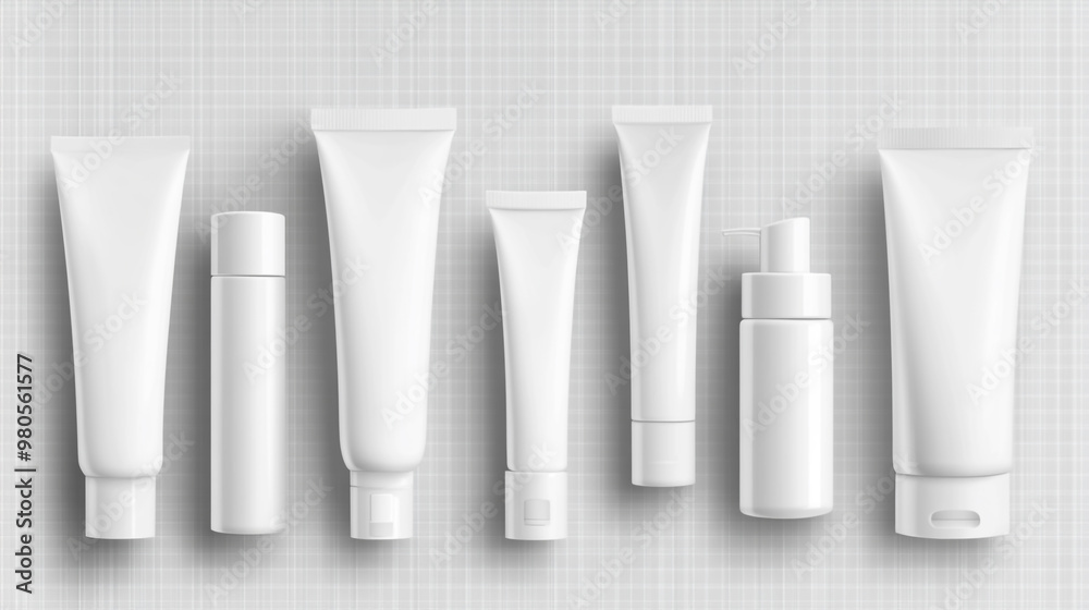 Various sizes of white cosmetic tubes arranged on a light background for product display Various sizes of white cosmetic tubes arranged on a light background for product display