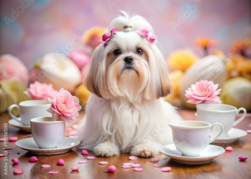 Fluffy white shih tzu with curled tail, big round eyes, and soft ears, perched on a saucer, surrounded by delicate tea cups and petals. photo