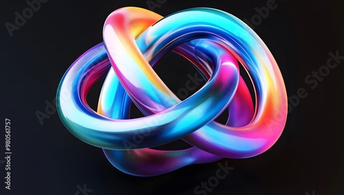 Abstract fluid 3D render, a colorful iridescent gradient in the shape of two intertwined rings on a black background. 