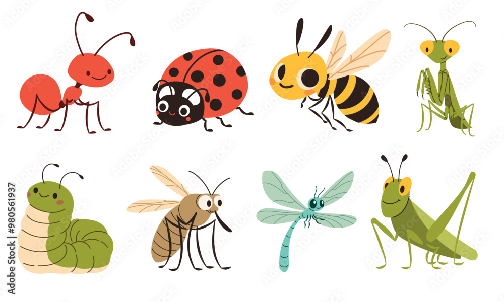A set of flat vector illustrations in children's style. Cute mosquito caterpillar wasp ladybug mantis dragonfly grasshopper grasshopper ant. Vector illustration A set of flat vector illustrations in children's style. Cute mosquito caterpillar wasp ladybug mantis dragonfly grasshopper grasshopper ant. Vector illustration
