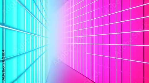 A vibrant corridor featuring neon blue and pink walls, creating an immersive and futuristic atmosphere with soft lighting. photo