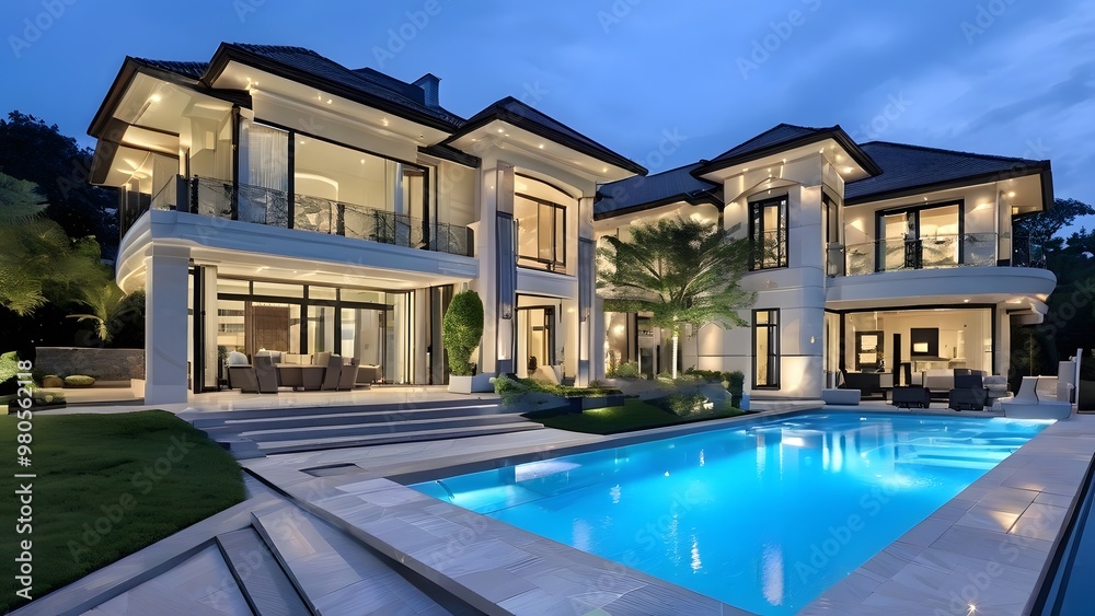 Fototapeta premium Front view of modern house 3D rendering house Luxurious villa with modern architectural design