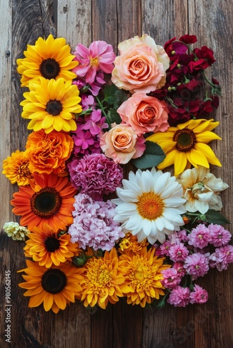 A top down view of a collection of vivid flowers like sunflowers, daisies, and roses, arranged symmetrically on a wooden table. 