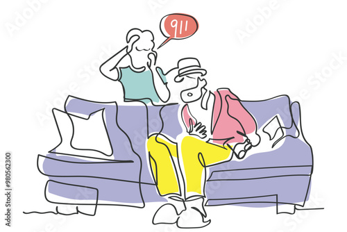 hand drawn line art vector of an elderly man having chest pain and a kid around calling emergency number for help.