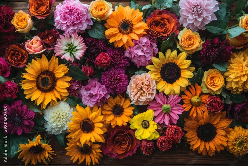 A top down view of a collection of vivid flowers like sunflowers, daisies, and roses, arranged symmetrically on a wooden table. A top down view of a collection of vivid flowers like sunflowers, daisies, and roses, arranged symmetrically on a wooden table.