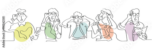 Hand drawn line art vector of a surprised people of different ages. People with work glasses on acting all shocked and astonished based on some information they have read online