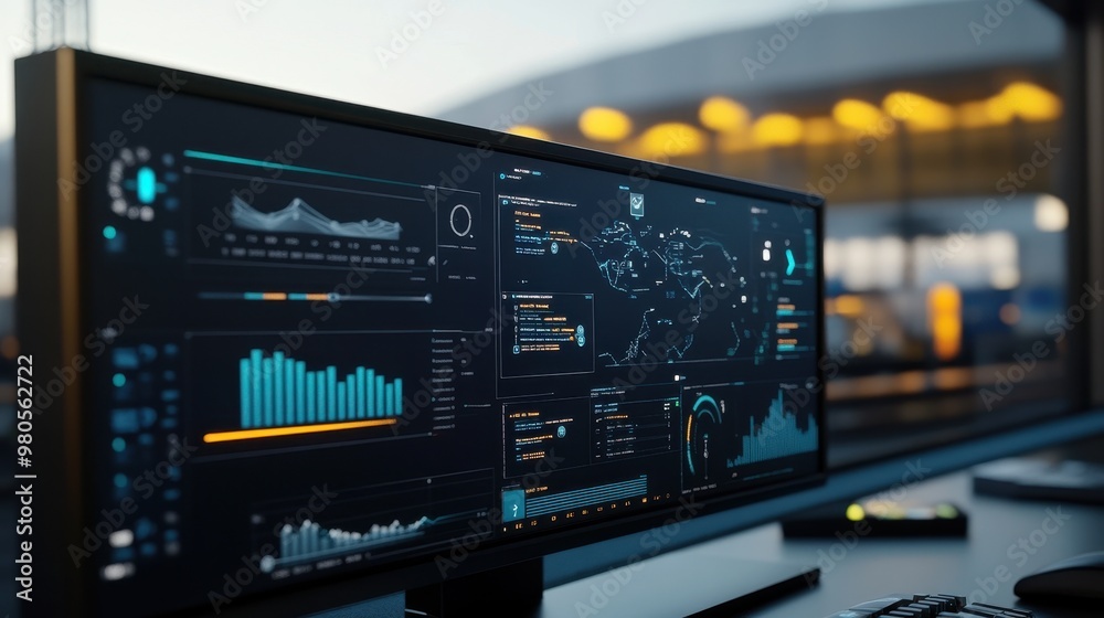 A computer monitor displays a futuristic dashboard with data visualizations and graphs. A computer monitor displays a futuristic dashboard with data visualizations and graphs.