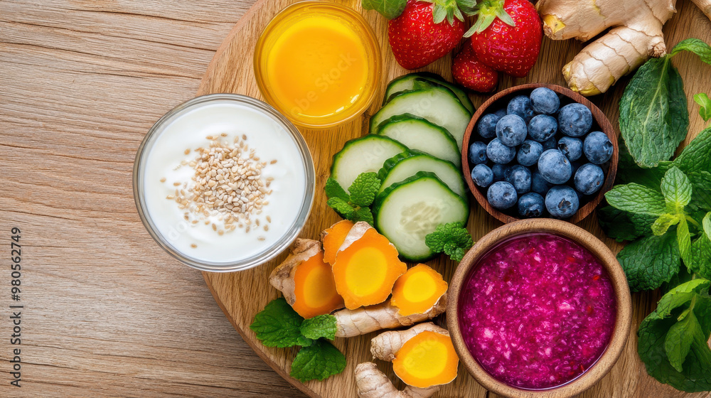 Fresh fruits, vegetables, and probiotic yogurt arranged on a wooden platter, featuring strawberries, blueberries, cucumbers, and turmeric Fresh fruits, vegetables, and probiotic yogurt arranged on a wooden platter, featuring strawberries, blueberries, cucumbers, and turmeric