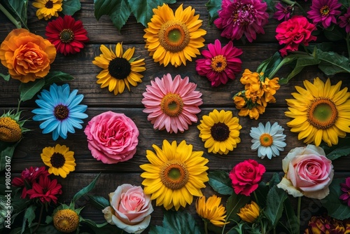 A top down view of a collection of vivid flowers like sunflowers, daisies, and roses, arranged symmetrically on a wooden table. 