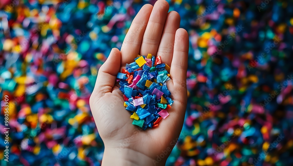 A hand holding colorful plastic flakes against a background of blurred plastic flakes.